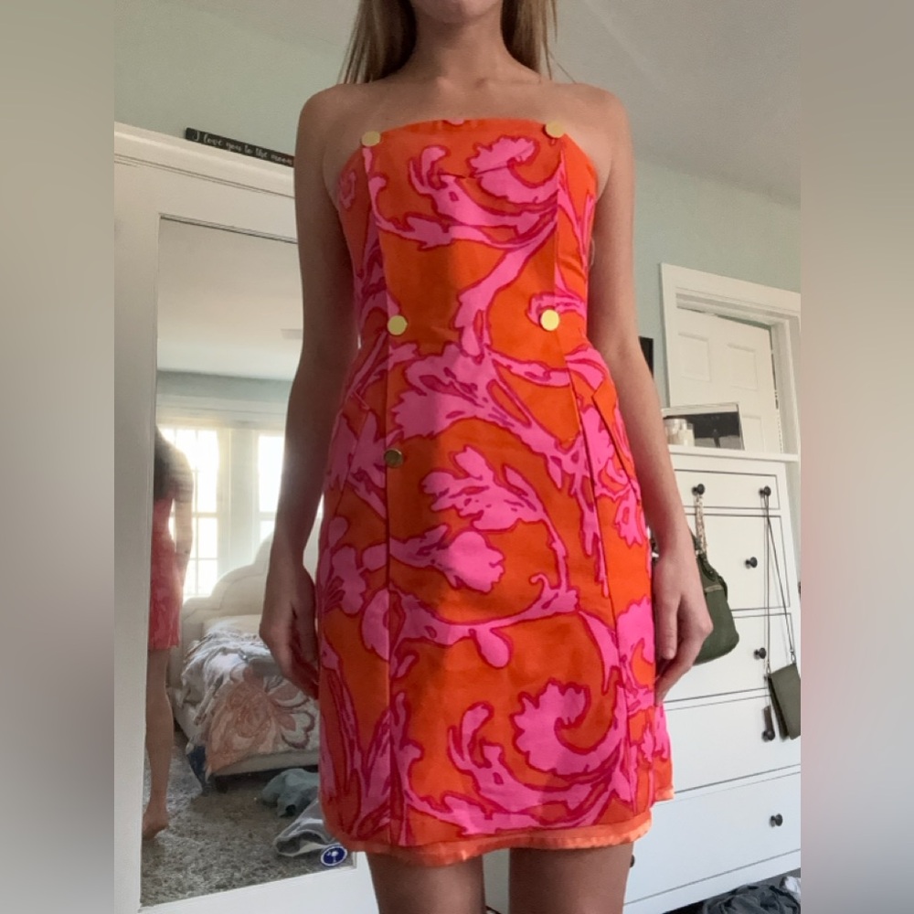 Orange and pink patterned Julie Brown strapless dress; size 6